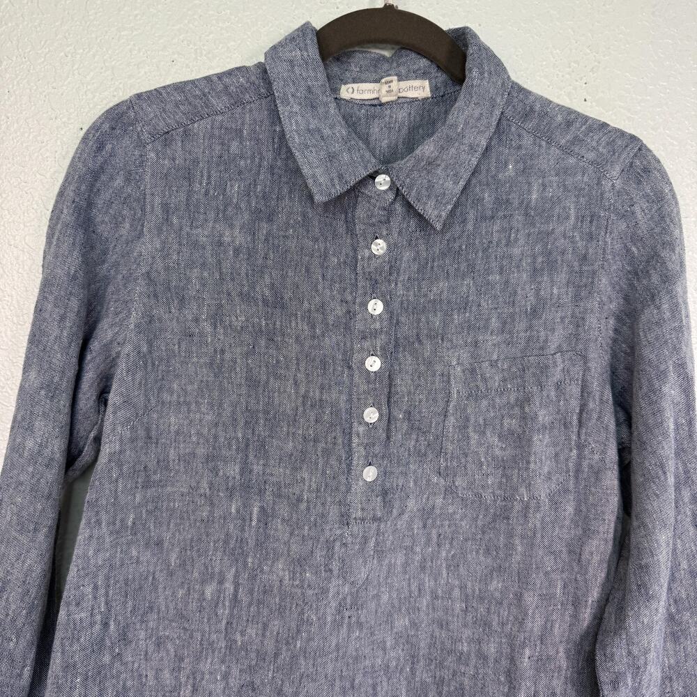 Farmhouse Pottery Dress Womens Small Linen Collared ShirtDress Pockets Blue - Picture 5 of 12